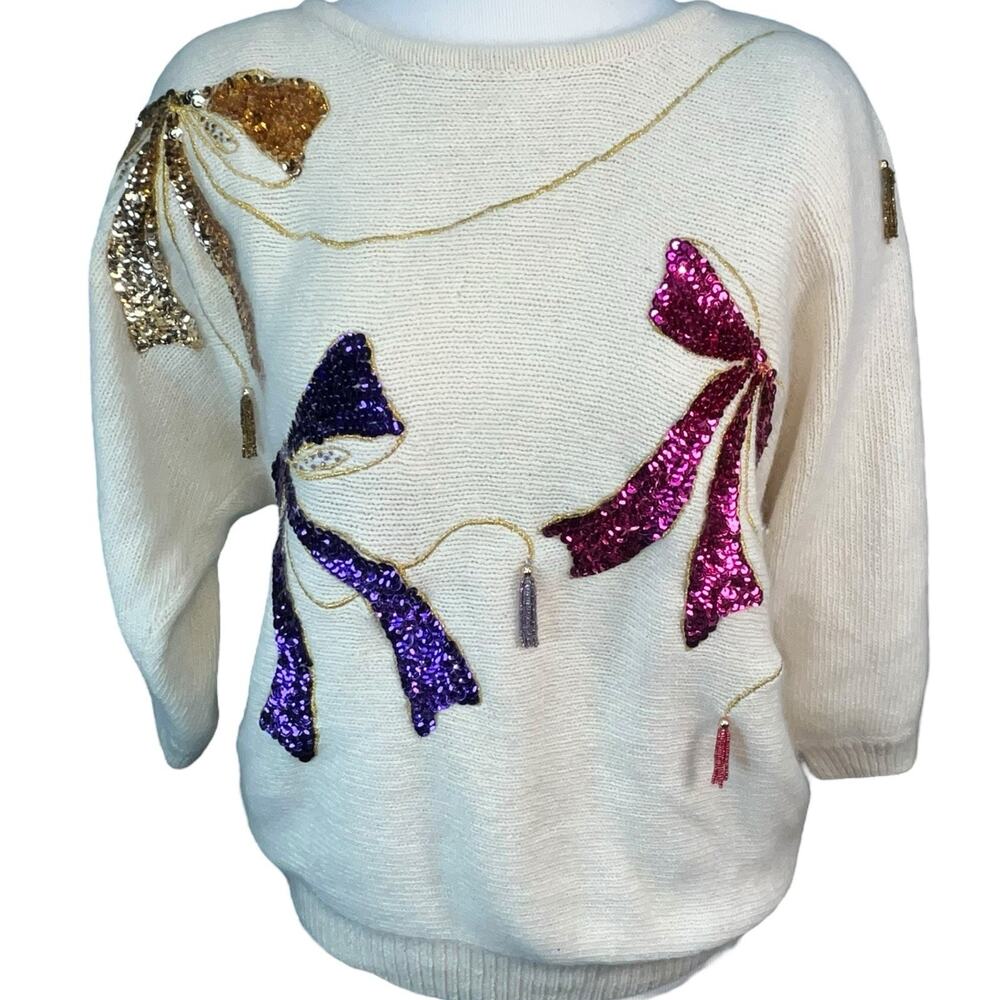 Work In Progress Women’s Vintage‎ Ivory Sequins Beaded Silk Angora Bow Sweater M